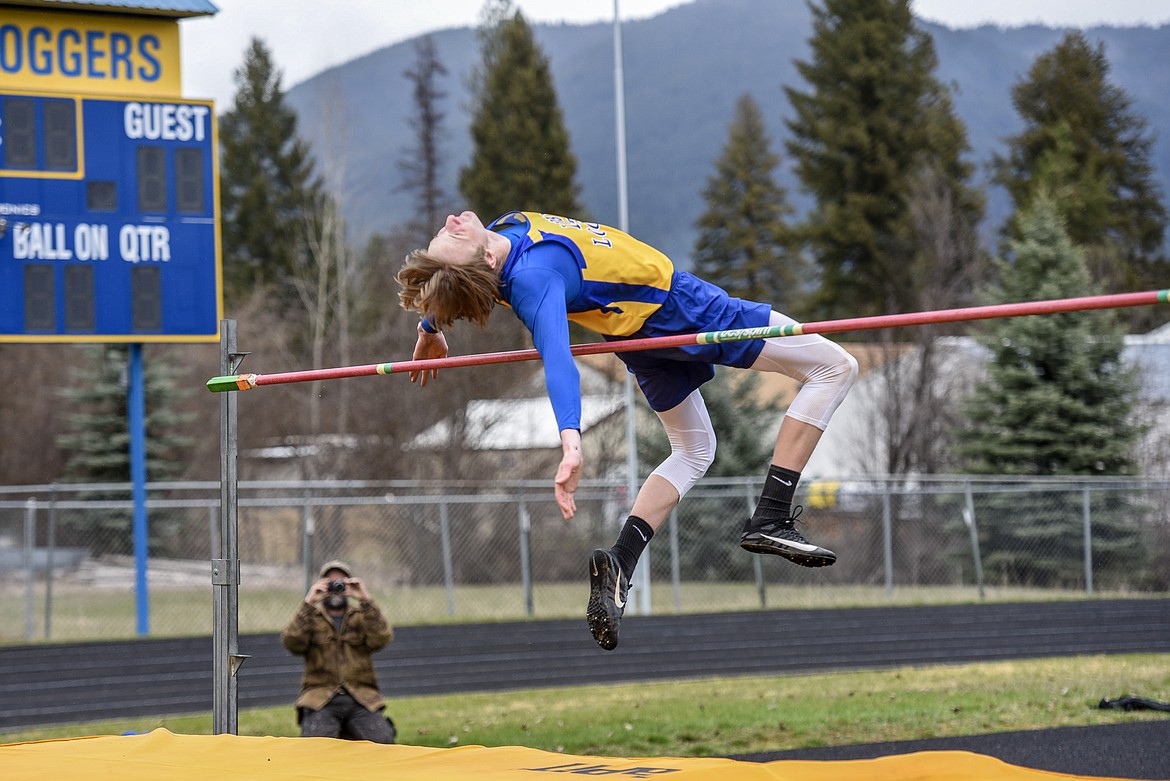 Libby senior Colten Clemons just barely misses the 6-foot mark on the high jump during his second attempt at the state-qualifying height after a bump from his arm on the way over dislodged the bar, Saturday at the Libby Invitational. (Ben Kibbey/The Western News)