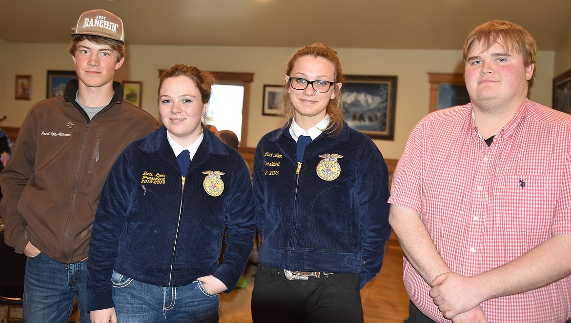 FUTURE FARMERS of America&#146;s (FFA) new Hot Springs Chapter thanked the Western Stockmen&#146;s Association for their generosity. Pictured from left are chapter members Jack McAllister, Laci Lien and Isabel Morton, and advisor/ag teacher Justin Wright. (Carolyn Hidy/Clark Fork Valley Press)