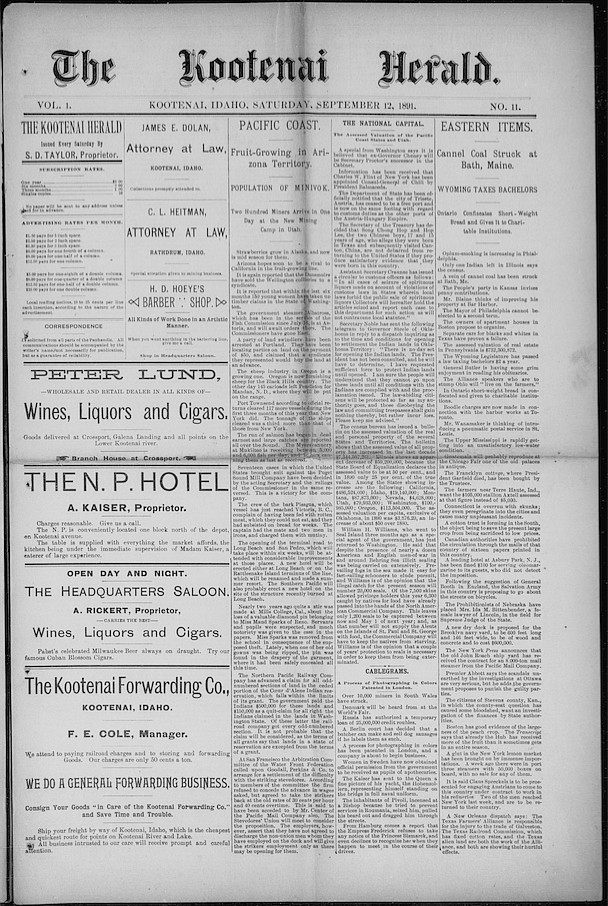 (Courtesy Photo)
Issues of the Kootenai Herald from 1891 to 1904 can now be found online, thanks to the National Digital Newspaper Program.