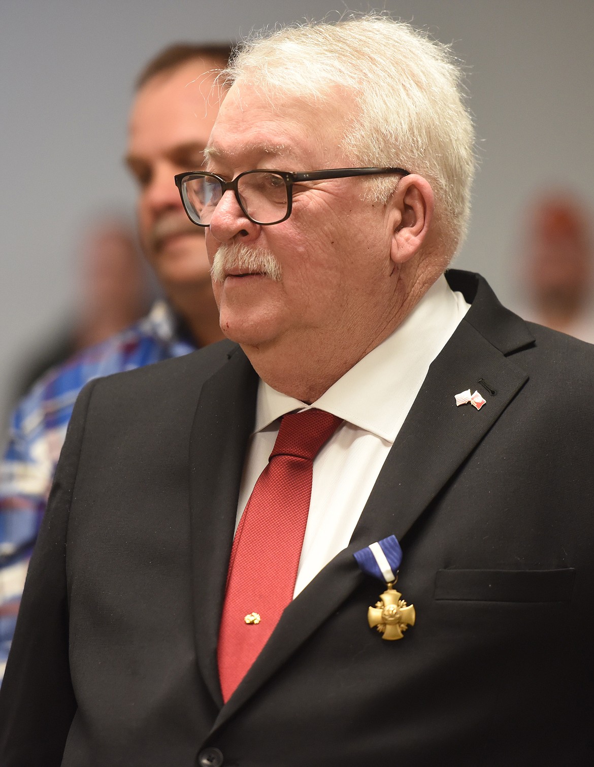 JAMES H. STOGNER proudly wears the Navy Cross Medal that he received during the April 5 ceremony at the Polson VFW.