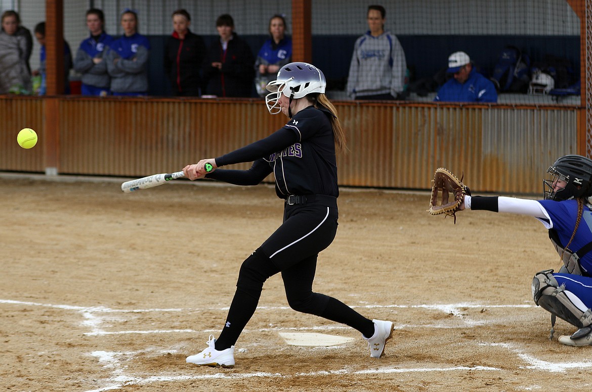 LEXY ORIEN started things off in the first inning with a double plating the first two runs of the softball season for the Lady Pirates. (Bob Gunderson/Special to the Leader)