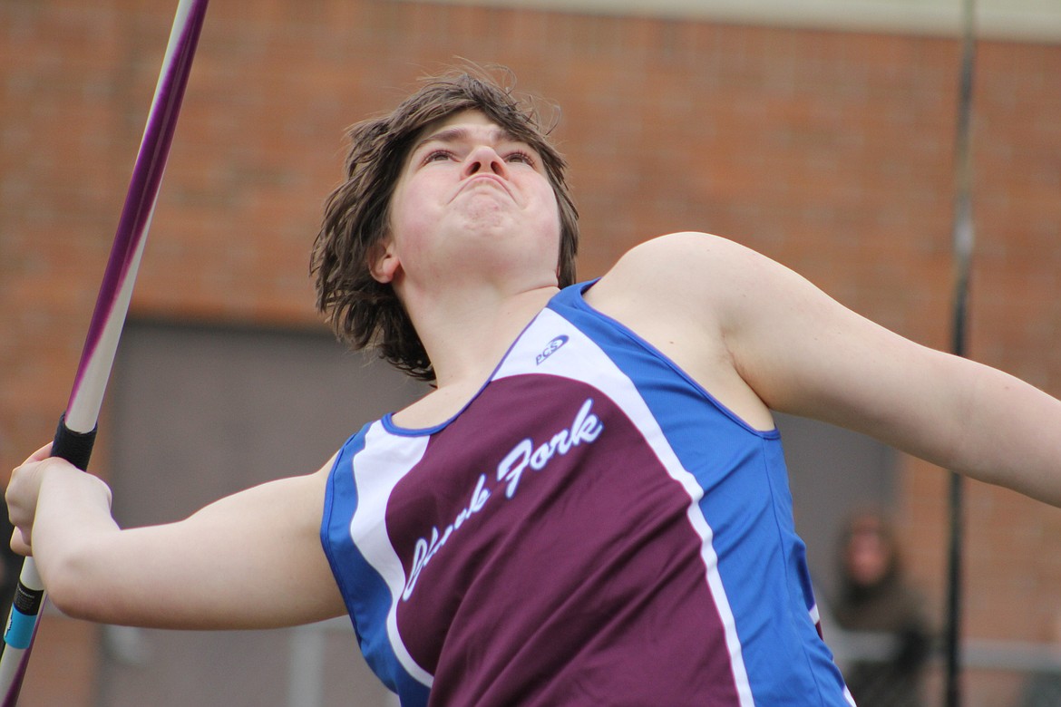 CHARLIE ANDERSON of Clark Fork competes in the javelin event at the Frenchtown Invitational at Big Sky High School on Saturday, April 6. (Maggie Dresser/Mineral Independent)