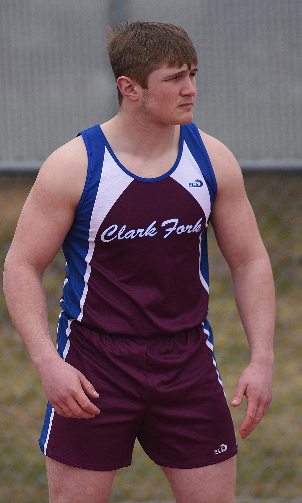 TREY GREEN of Clark Fork got his season started strong at the Frenchtown Invitational at Big Sky High School on Saturday, April 6. Above, Green prepares for a throw in the shot put. (Joe Sova/Mineral Independent)