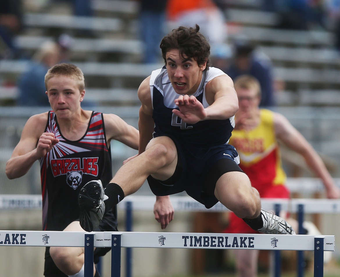 Lake City&#146;s Bridger Stephens competes in the 110-meter hurdles at Friday&#146;s Timberlake Invitational in Spirit Lake.