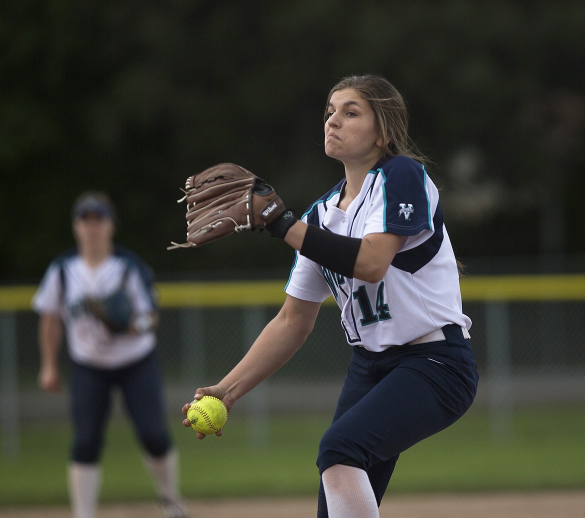 LISA JAMES/Press
Ashley Kaufman of Lake City pitches against Meridian during the 6th inning of the first of their 5A State Championship games at Coeur D&#146;Alene High School on Friday. Lake City won 8-2  to advance to the next bracket.