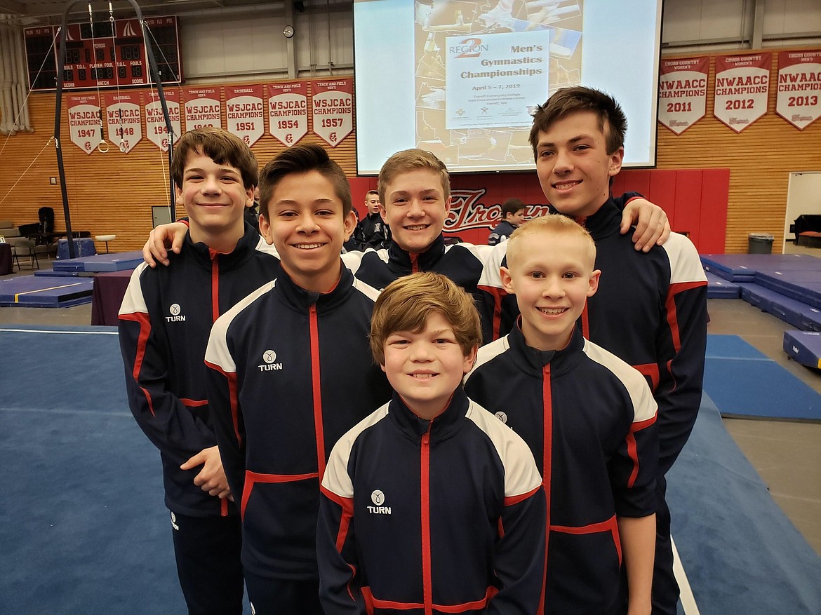 Courtesy photo
Avant Coeur Gymnastics JDs, 8s and 9s at the regional championships in Everett, Wash. In the front is Cameron Baker; second row from left, Aiden Rodebaugh and Brandon Decker; and back row from left, Daniel Fryling, Jesse St. Onge and Brayden Hoyt.