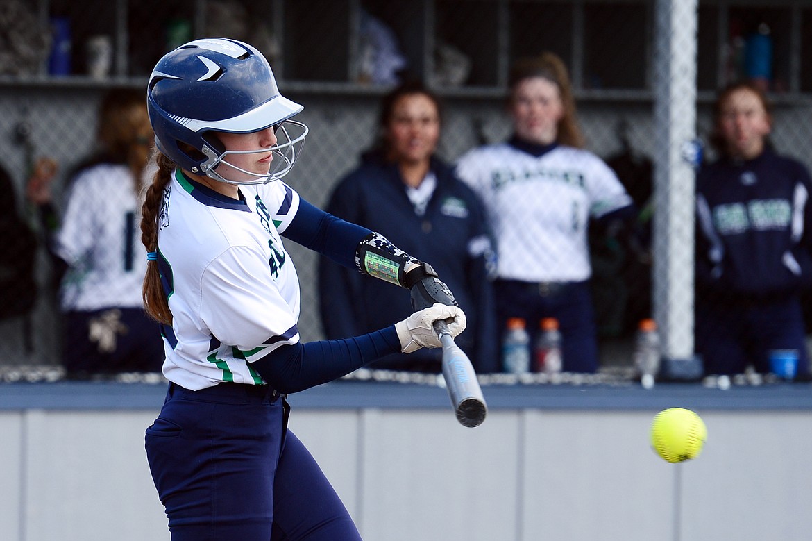 Glacier&#146;s Sammie Labrum connects on a pitch in the fourth inning against Helena at Glacier High School on Saturday. (Casey Kreider/Daily Inter Lake)
