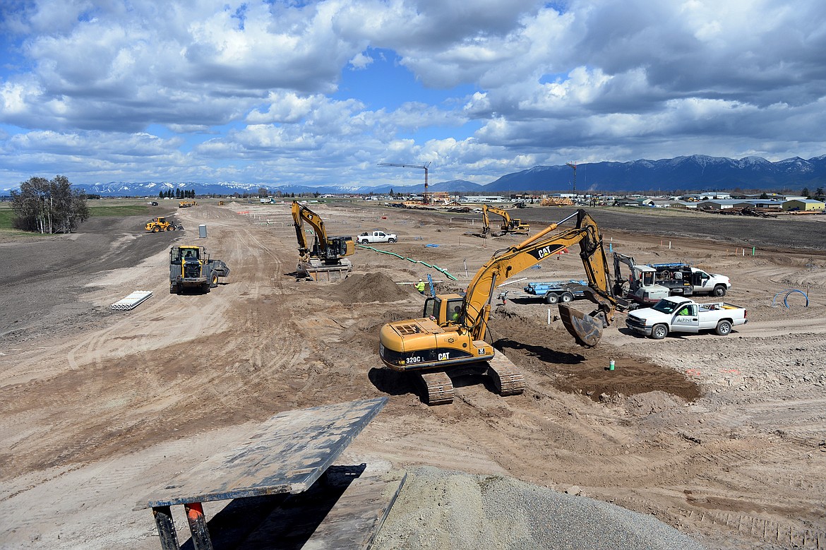 Construction work continues at Montana Basecamp, creating parking spaces for RVs along a main thoroughfare through the park in Kalispell on April 24. (Casey Kreider/Daily Inter Lake)