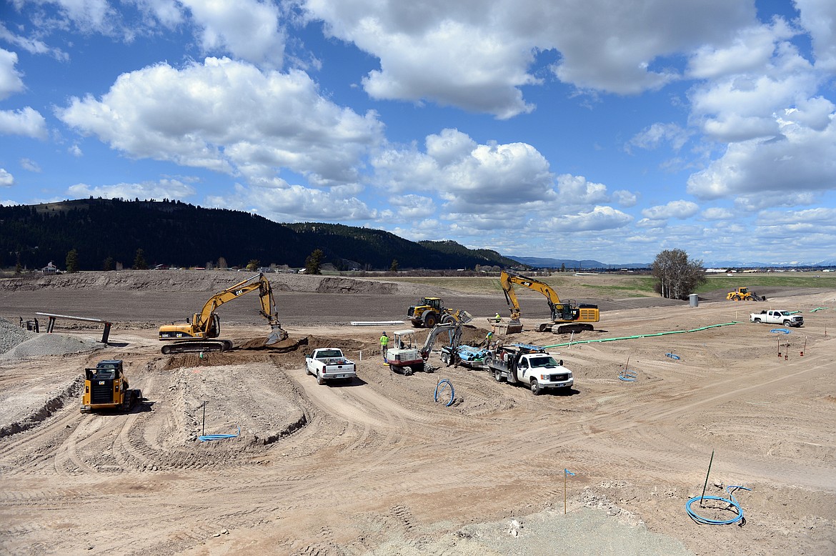 Construction work continues at Montana Basecamp, creating parking spaces for RVs along a main thoroughfare through the park in Kalispell on Wednesday, April 24. (Casey Kreider/Daily Inter Lake)