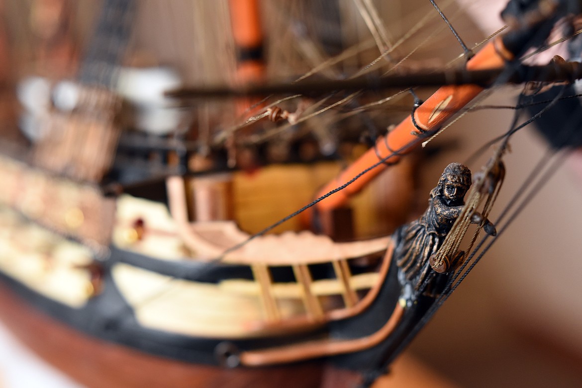 Detail of the figurehead of the HMS Leopard, the ship Allen Daffern is currently building at his home in Kalispell on April 11. The boats Daffern makes are not from a kit, they are almost entirely made by Daffern. There are some items he buys, like the cannons, and chains of different sizes, but he does all of the plank bending to builds the ship up from a shell. He starts with pictures and diagrams, not a box full of parts to assemble.&#160;(Brenda Ahearn/Daily Inter Lake)