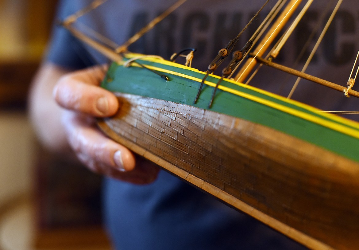 Allen Daffern&#146;s attention to detail is evident in the copper sheeting that covers the bottom of this ship. Daffern carefully tapped details into the copper to visually represent what would have been nails on the real ship.
(Brenda Ahearn/Daily Inter Lake)