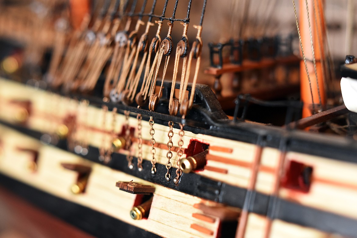 Detail of Allen Daffern&#146;s replica of the HMS Leopard. Daffern said the Leopard was a 50-gun, fourth rate ship of the Royal Navy. The guns refer to the cannons, on this ship that would have been cannons firing different size balls by weight. The largest cannons, were the 18 pound guns, and occupied the lowest level of the ship. From there the canons increase by firing size to 12 pound, 9 pound, and 6 pound.&#160;
(Brenda Ahearn/Daily Inter Lake)