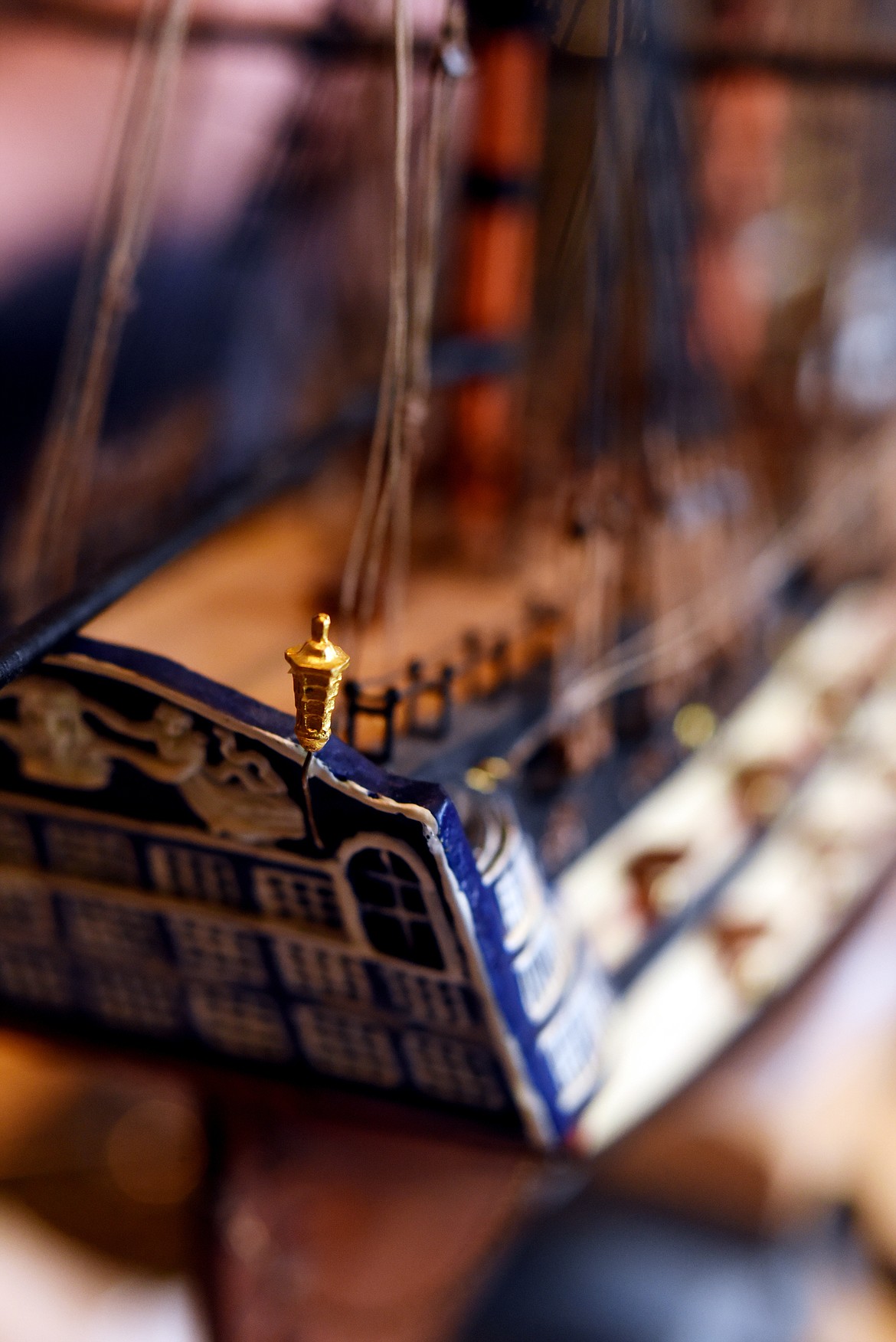 Detail of the stern lantern and the stern gallery of the HMS Leopard, a model ship being built by Allen Daffern, of Kalispell.(Brenda Ahearn/Daily Inter Lake)