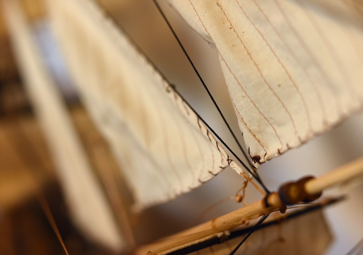 Detail of the canvases of one of Allen Daffern&#146;s ships. On the real ships the sails would not have been a single solid sheet, but rather would have been strips of material that had been sown together. To recreate that visually Daffern cuts the full size for the sail, but then adds stitching to create the look of pieces that had been sewn together.
(Brenda Ahearn/Daily Inter Lake)