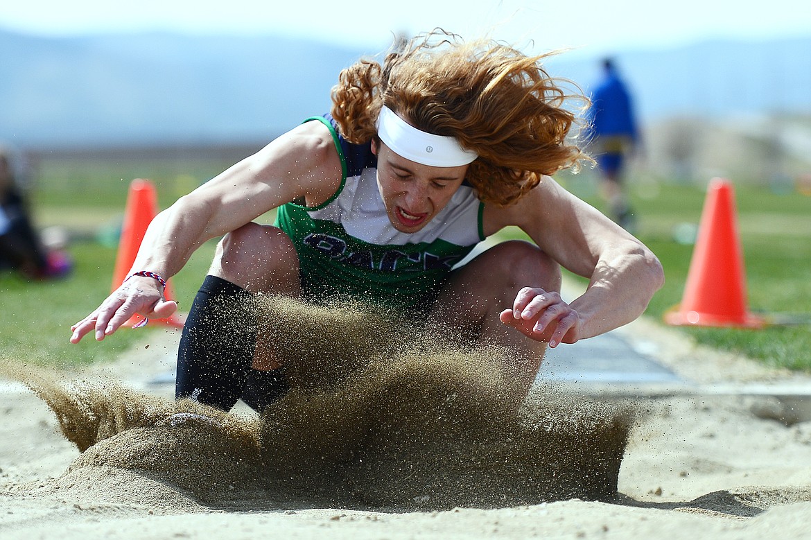 Glacier's Dyllyn Stabler competes in the long jump at the Glacier Cinco track meet at Glacier High School on Thursday. (Casey Kreider/Daily Inter Lake)