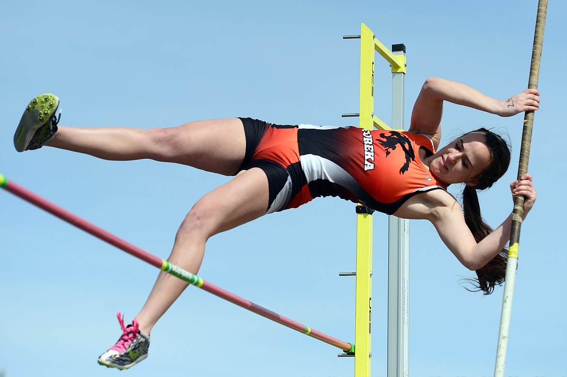 Eureka's Michelle Leonard attempts 6'6&quot; in the pole vault at the Glacier Cinco track meet at Glacier High School on Thursday. (Casey Kreider/Daily Inter Lake)