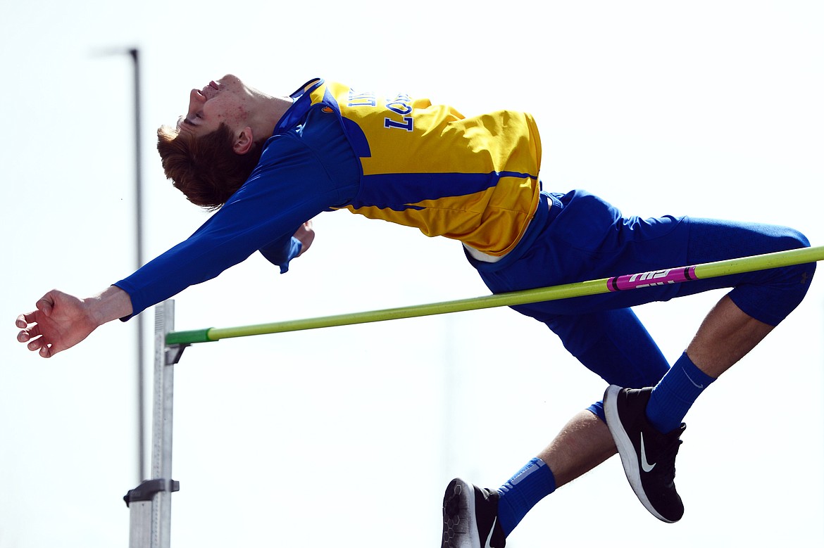 Libby's Keith Johnson attempts 6' in the high jump at the Glacier Cinco track meet at Glacier High School on Thursday. (Casey Kreider/Daily Inter Lake)