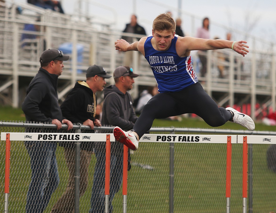 Coeur d&#146;Alene High&#146;s Ryan Linehan competes in the 110-meter hurdles at last Thursday&#146;s Christina Finney Relays.