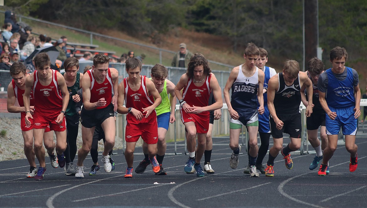 KYLE CAJERO/Bonner County Daily Bee
The start of the boys 3,200 meters at the Priest River Invitational on Saturday.