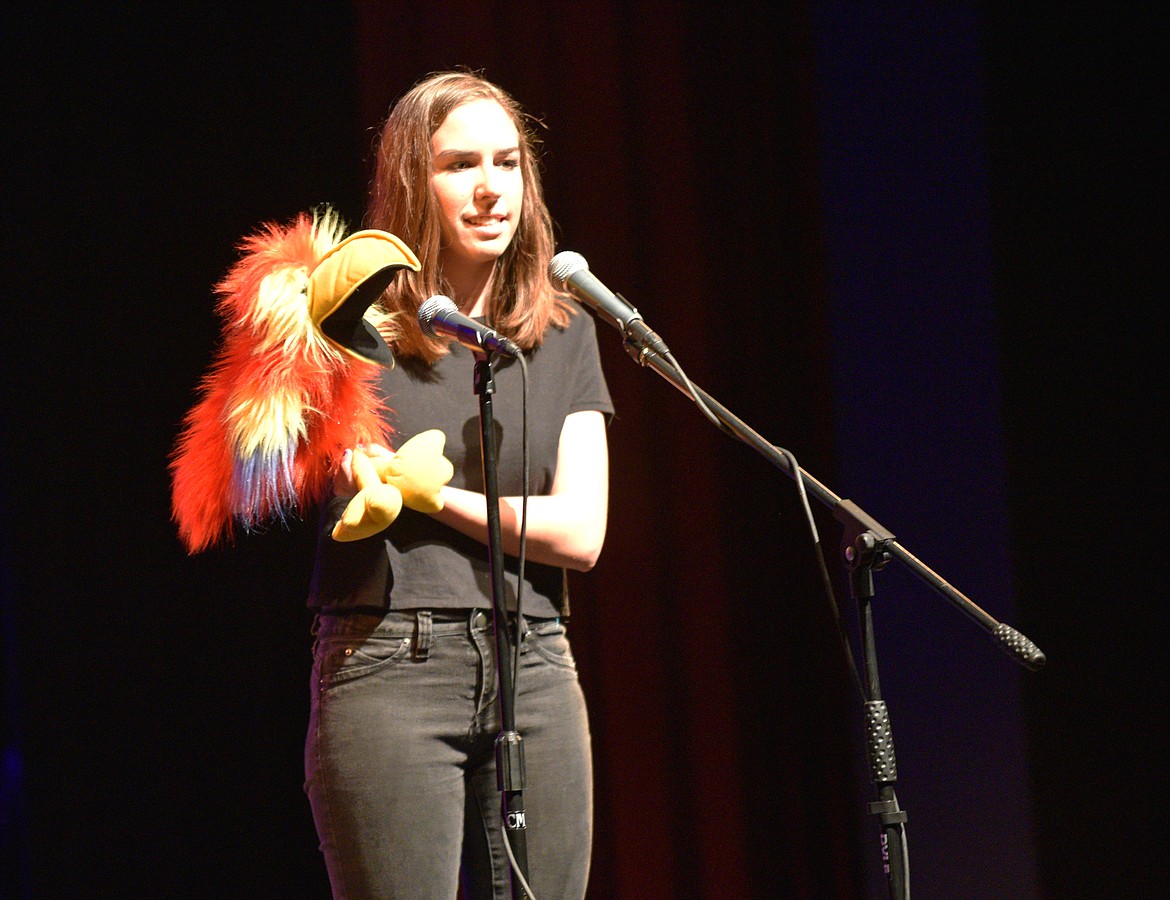 Bethany Barnes and Rio sing a duet of &#147;Anything You Can Do&#148; during her ventriloquism act during the Whitefish High School Talent Show last week at the Performing Arts Center. (Heidi Desch/Whitefish Pilot)