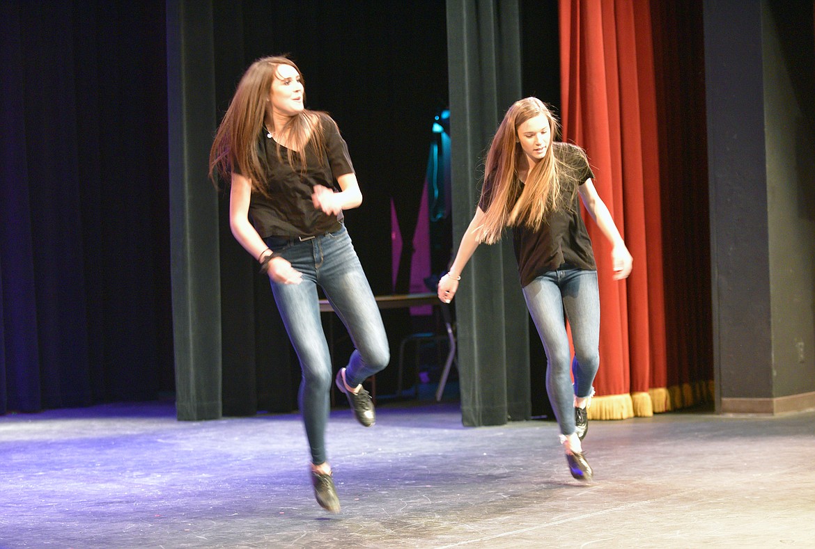Olivia Potthoff and Lauren Schulz tap dance together during the Whitefish High School Talent Show last week at the Performing Arts Center. (Heidi Desch/Whitefish Pilot)