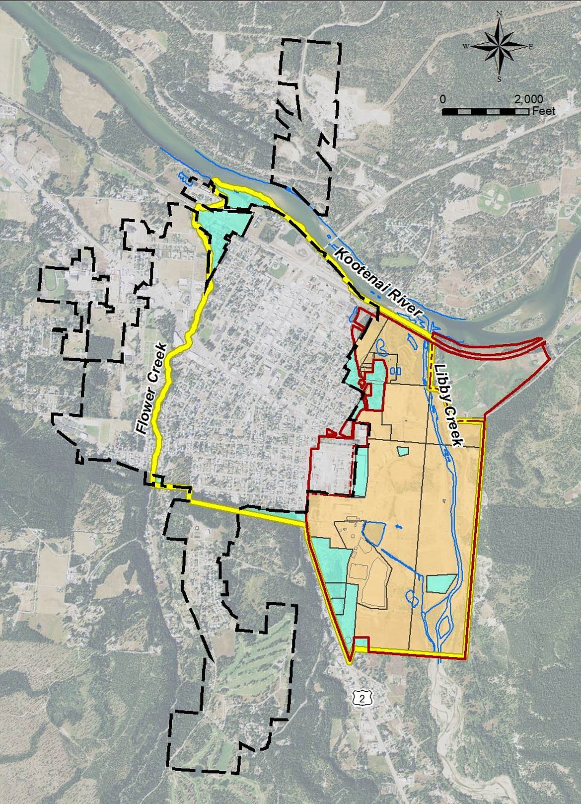 A map of the proposed Control Groundwater Area from the City-County Board of Health website. The new area boundary is highlighted in yellow. Andrew Schmidt, remedial project manager with the EPA, said there are some residential areas, sandwiched between the Lincoln County Port Authority (turquoise) and the Libby city boundary (dashed line) which would be added to the new CGA. As well as some port authority- owned land east of Libby.