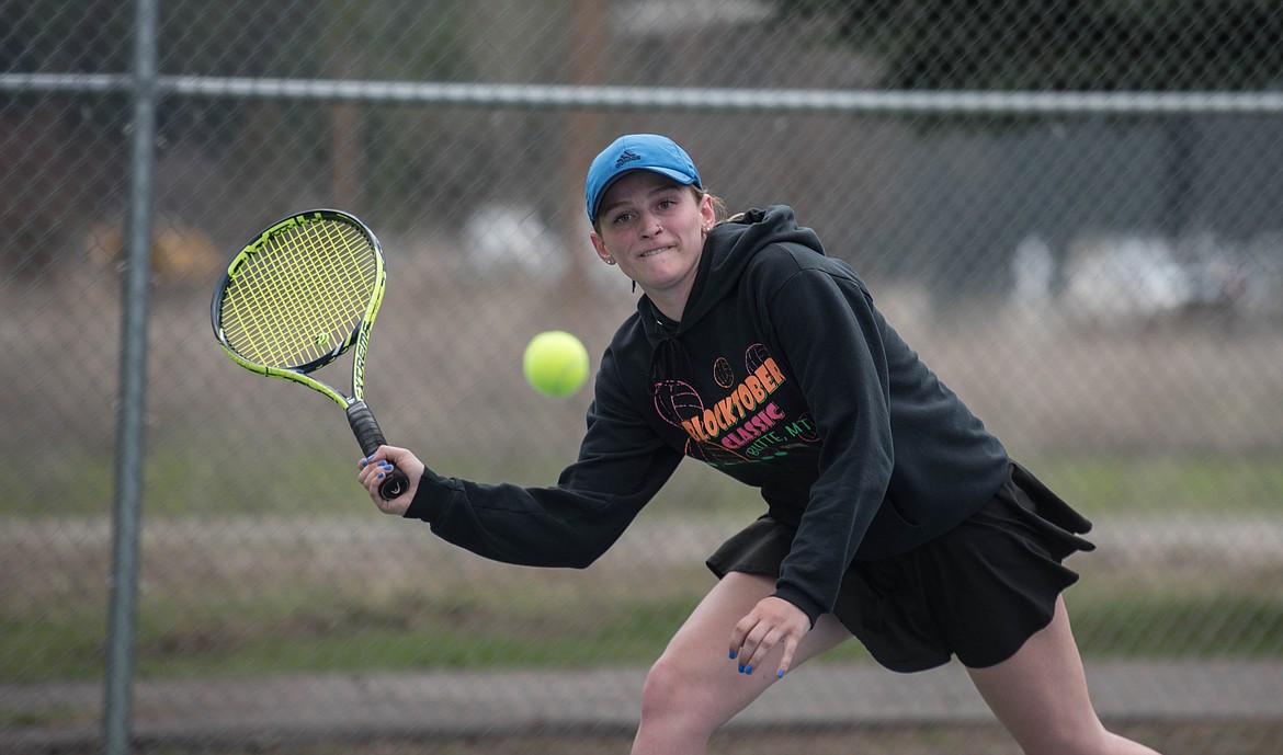 Senior Jessika Jones, with a 4-3 lead, fights to stay ahead in her winning match against Ronan&#146;s Skyler Shima, Thursday. (Luke Hollister/The Western News)