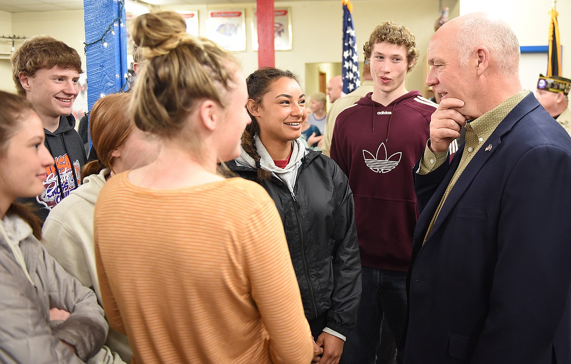 U.S. REP. Greg Gianforte enjoys a visit with Charlo High School government class students who were on hand to see Ron Merwin receive a Montana Congressional Veteran Commendation on April 17 at the Ronan VFW. (Joe Sova photos/Lake County Leader)