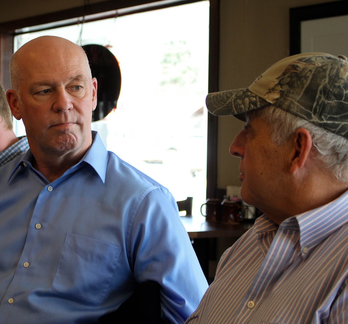 U.S. REP. Greg Gianforte listens to Mineral County Commissioner Duane Simons at Jasper&#146;s Restaurant in St. Regis on Tuesday, April 16. Gianforte met with Mineral County officials at a luncheon to discuss current Montana proposals. (Maggie Dresser/Mineral Independent)