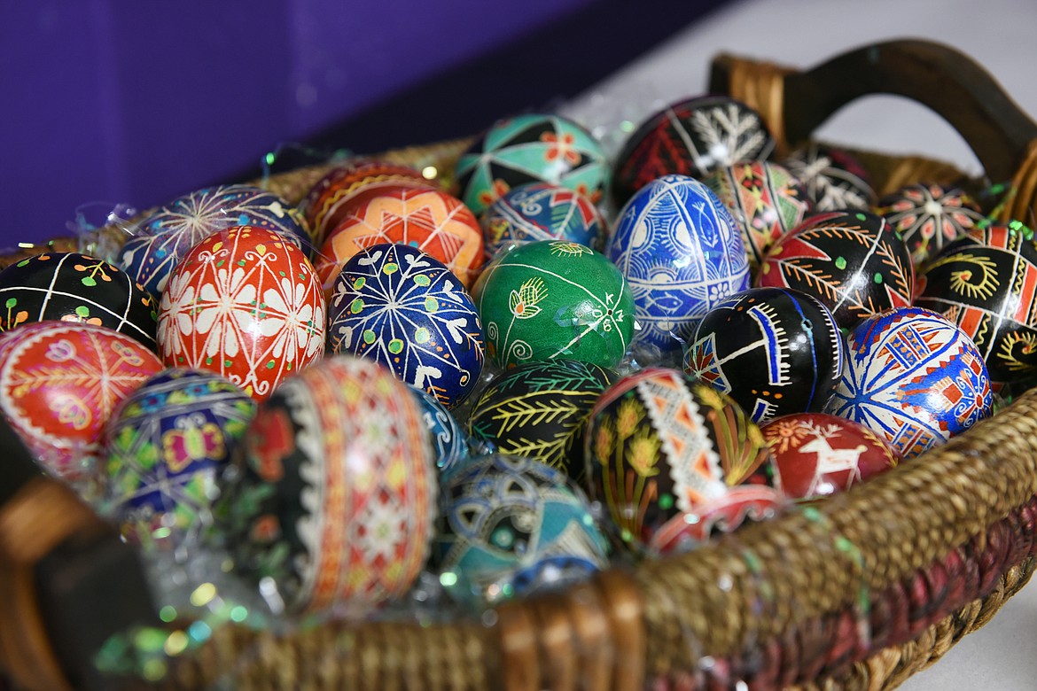 Ukrainian Easter eggs, or pysankas, decorated by Kathy Martin at the Hockaday Museum of Art in Kalispell on Wednesday, April 10. (Casey Kreider/Daily Inter Lake)