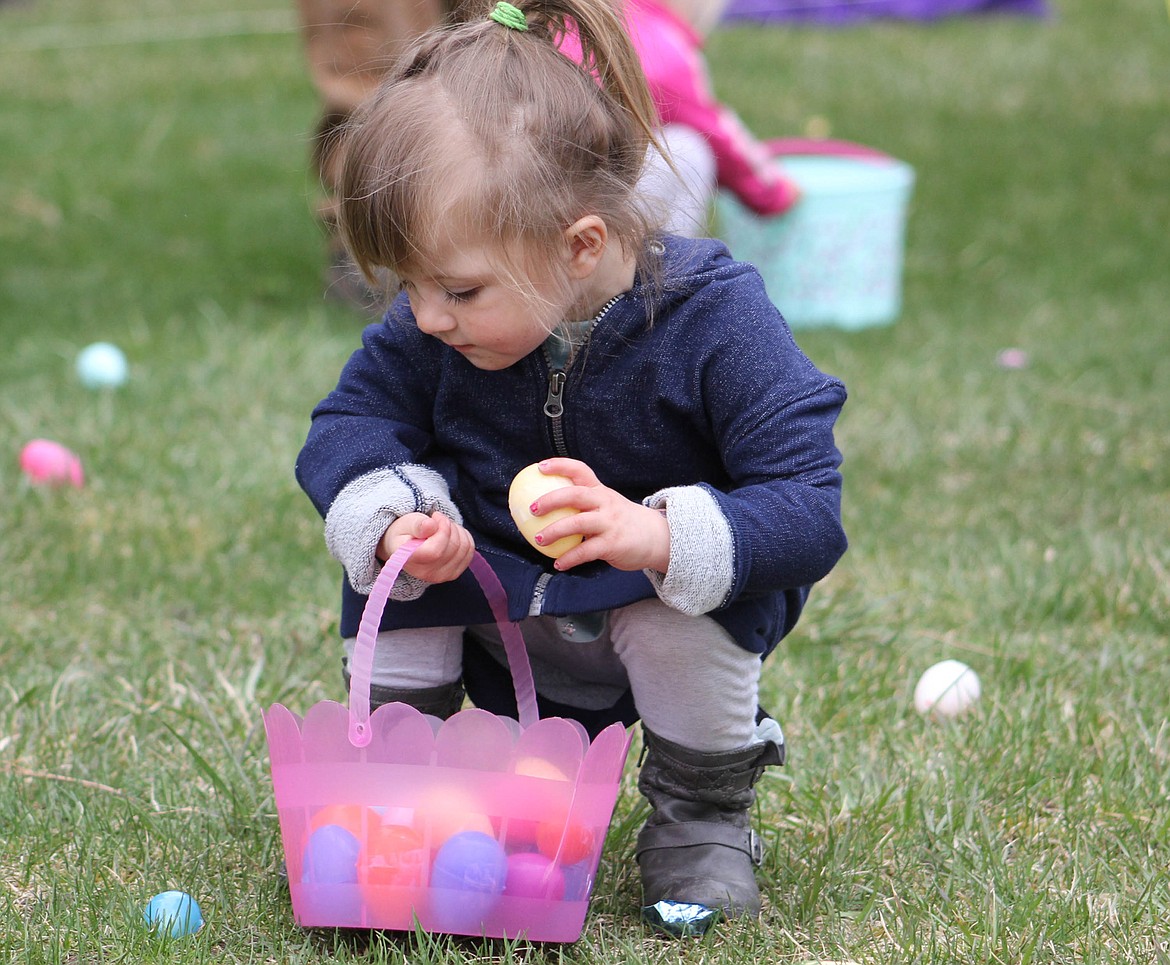 MINNIE HOTCHKISS, 2, grabs as many eggs as she can at St. Regis Community Park&#146;s Easter Egg Hunt on Friday, April 19. (Maggie Dresser/Mineral Independent)