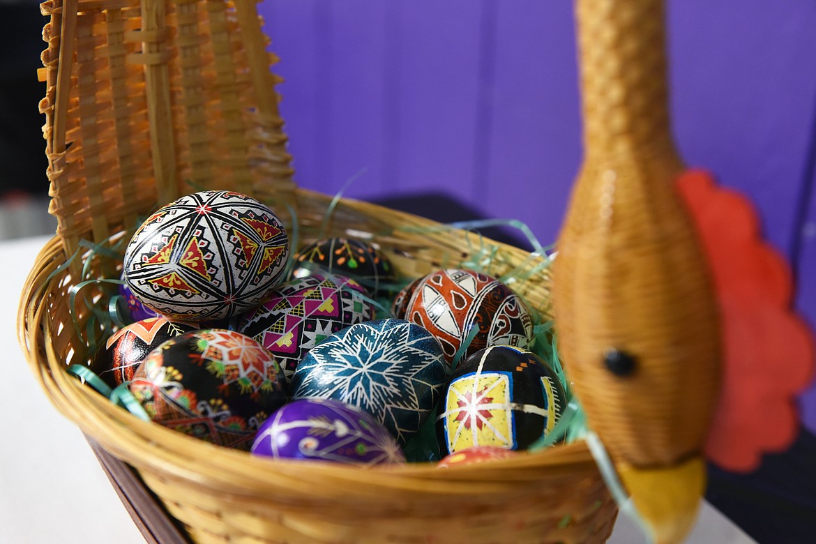 Ukrainian Easter eggs, or pysankas, decorated by Kathy Martin at the Hockaday Museum of Art in Kalispell on Wednesday, April 10. (Casey Kreider/Daily Inter Lake)