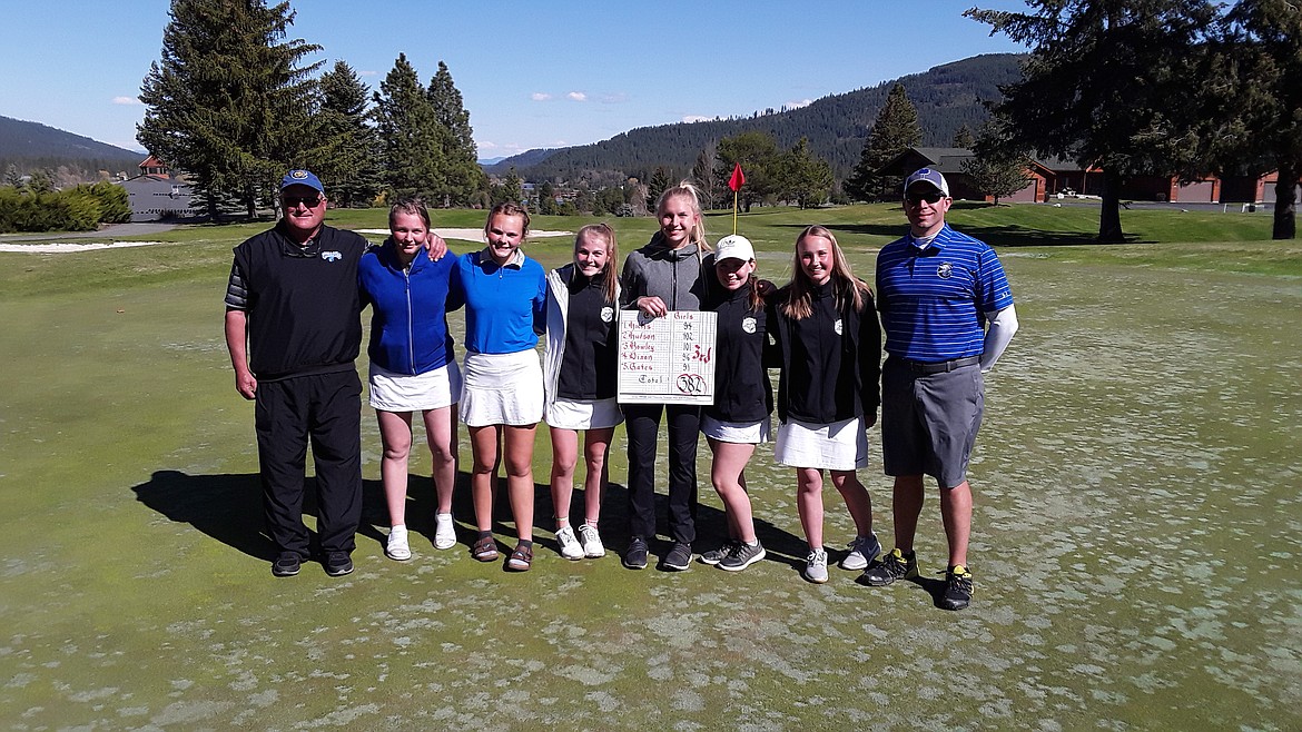 Courtesy photo
The Coeur d&#146;Alene girls golf team finished third at Monday&#146;s Sandpoint Invitational. From left: Coach Bryan Duncan,  Marin Rowley,  Martina Hicks, Olivia Dixon, PJ Gates,  Holly Hudson,  Brianna Priest,  Coach Chase Bennett.