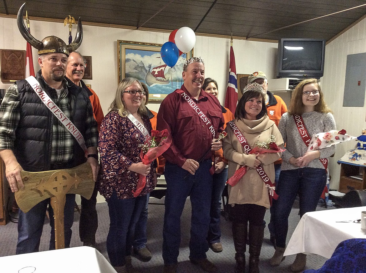 The 2019 Nordicfest royalty were crowned April 13. Left to right: Mr. and Mrs. Knute, Wade and Jessica Svensbye; King and Queen of Nordicfest, Jim and Stephanie Germany; and Nordicfest Princess Ali Snyder. The royalty were joined by members of David Thompson Search and Rescue. Not pictured: Nordicfest Princess Bethany Thomas. (Courtesy photo)