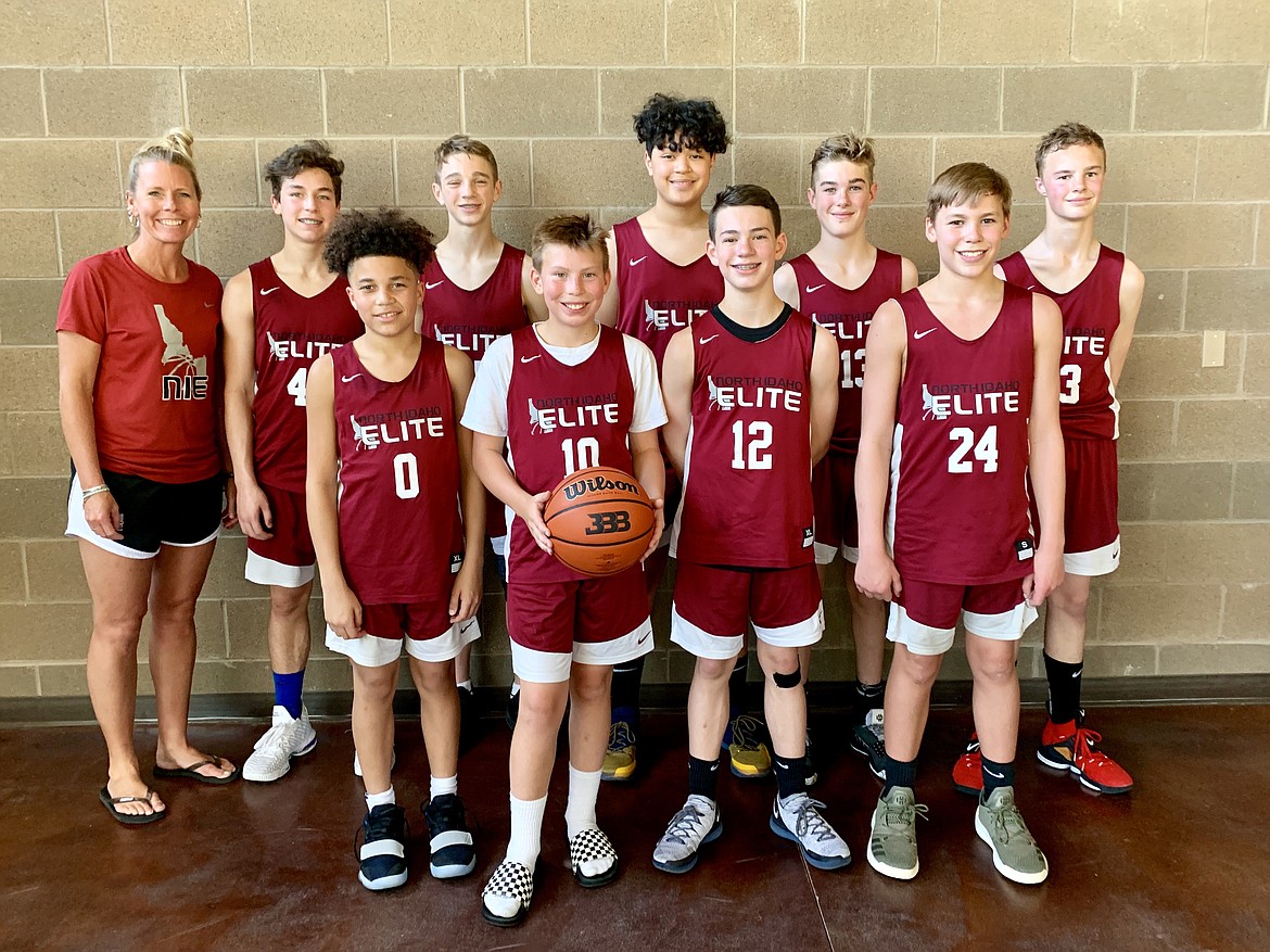 Courtesy photo
North Idaho Elite took 5th place in  seventh-grade Division 1 at the Best In The West Tournament in Yakima, Wash. In the front row from left are  Jayce Swanson, Caden Symons, Gavin Trost and Logan Orchard; and back row from left, coach Nicole Symons, Josheph Hagel, Gunner Larson, DJ Brown, Max Entzi and Toby Tebbe.