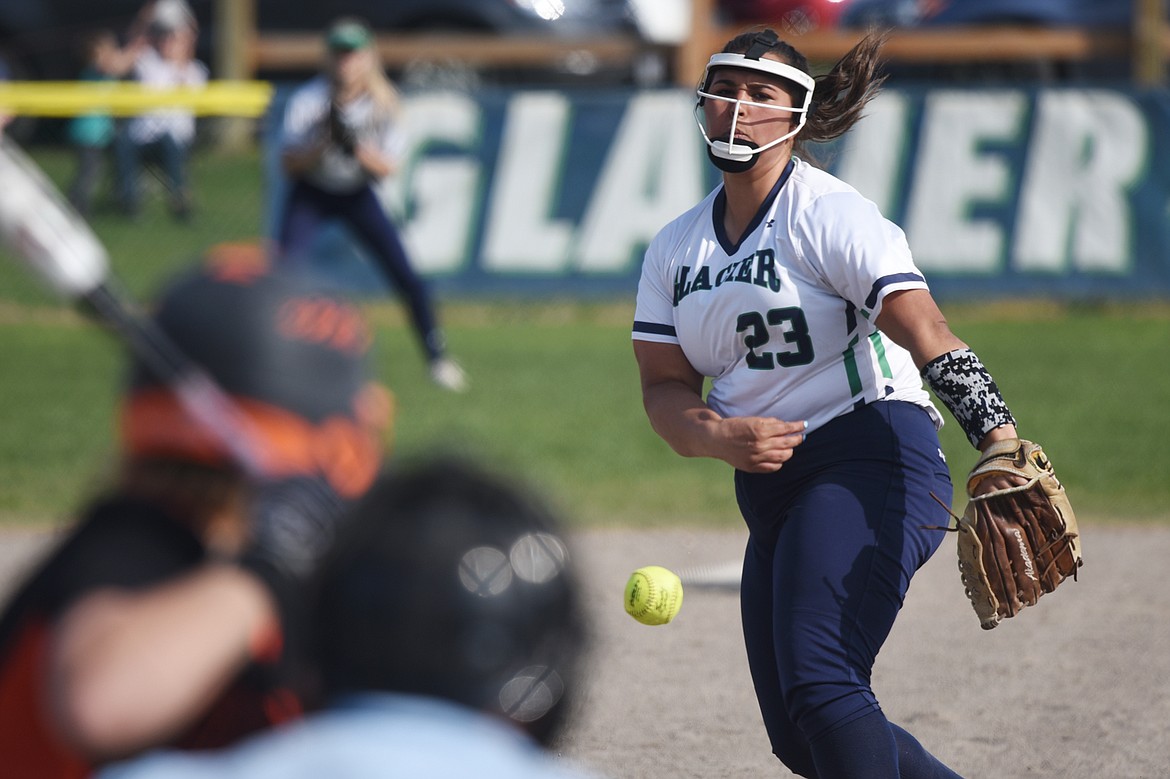 Glacier pitcher Sage Vanterpool works in the third inning against Flathead at Glacier High School on Thursday. (Casey Kreider/Daily Inter Lake)