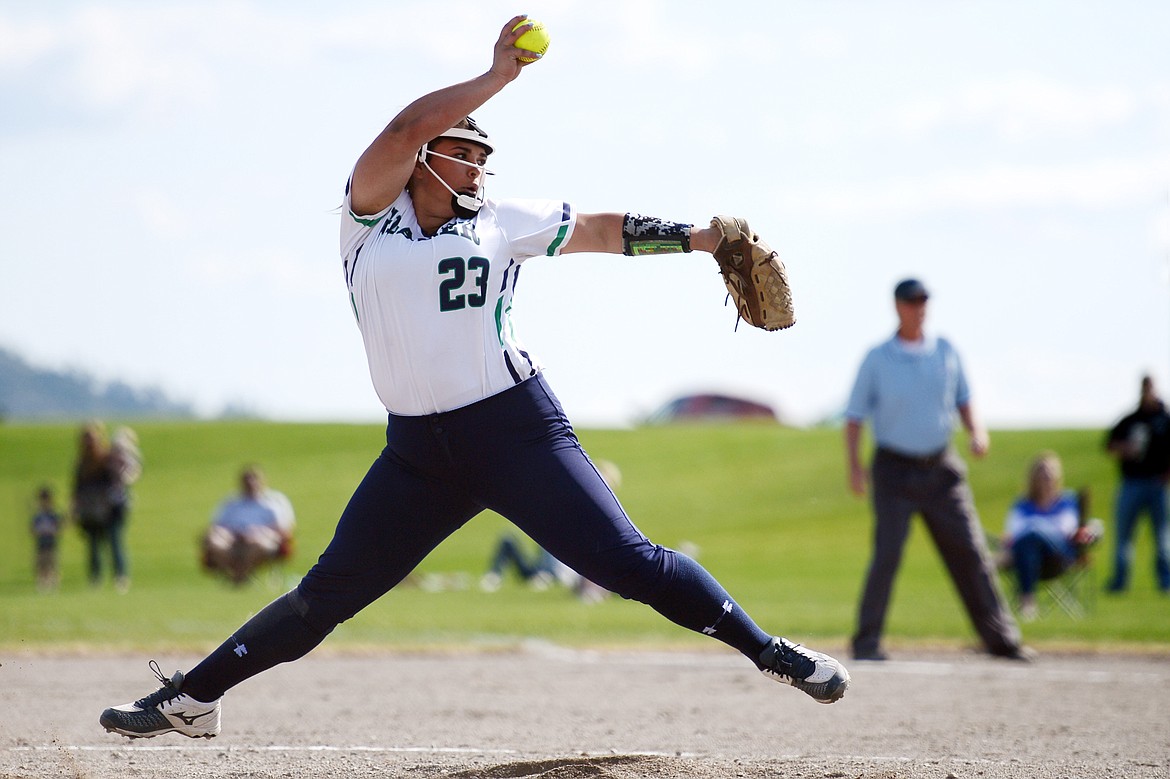 Glacier pitcher Sage Vanterpool pitches in the second inning against Flathead at Glacier High School on Thursday. (Casey Kreider/Daily Inter Lake)