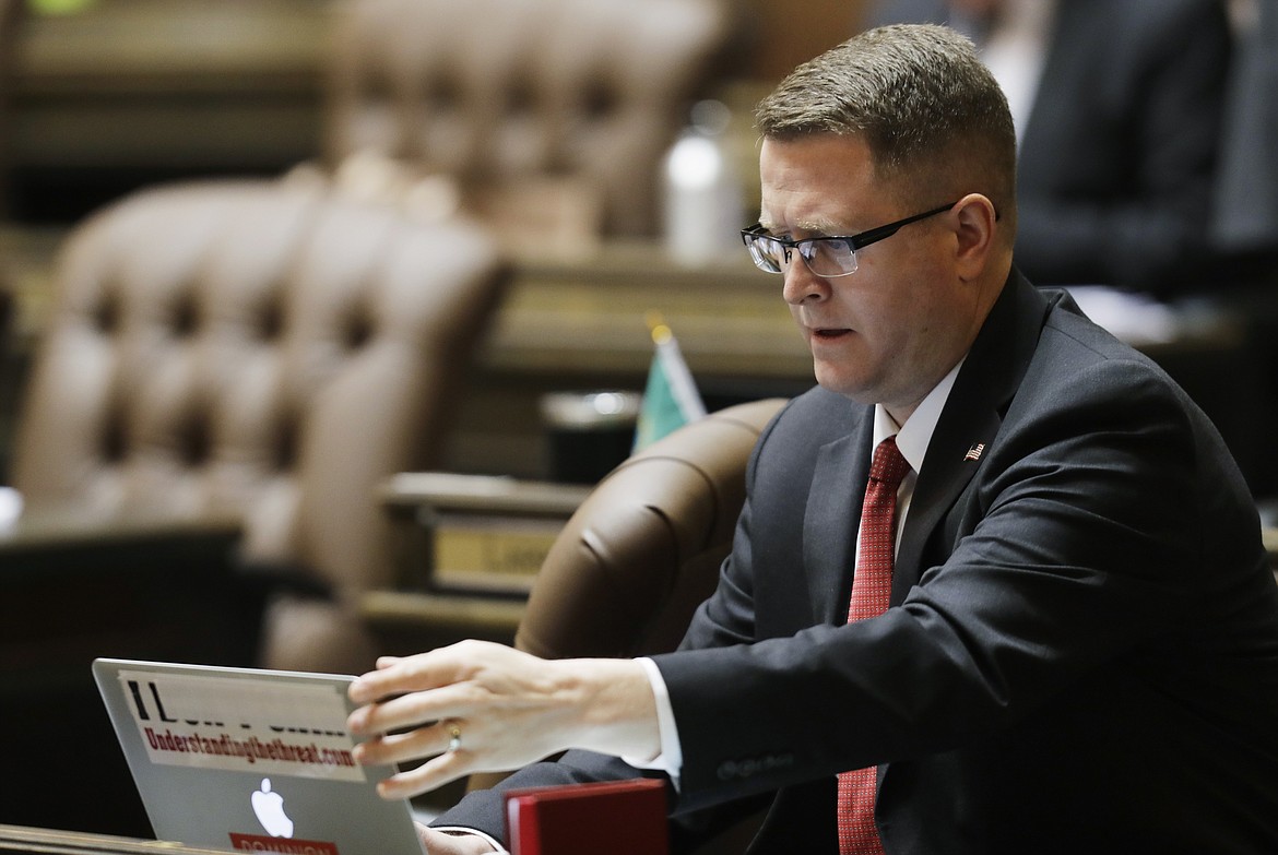 Washington State Rep. Matt Shea, R-Spokane Valley, is under review by the Washington State Legislature for a 2017 chatroom thread in which he offers to perform background checks on American citizens. (AP Photo/Ted S. Warren)