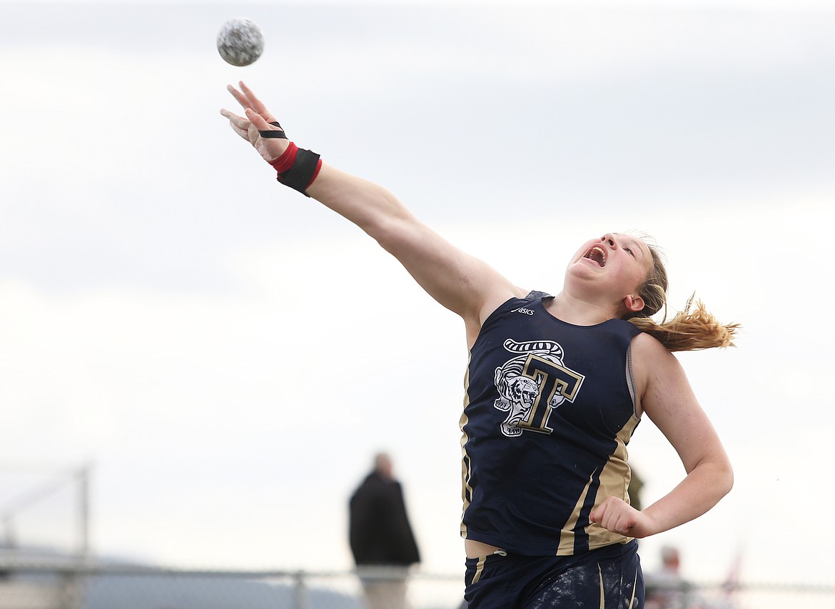 Blayre Jeffs of Timberlake High School hurls the shot put 39 feet, 3 inches at the District 1 All-Star Meet at Post Falls High School. (LOREN BENOIT/Press)