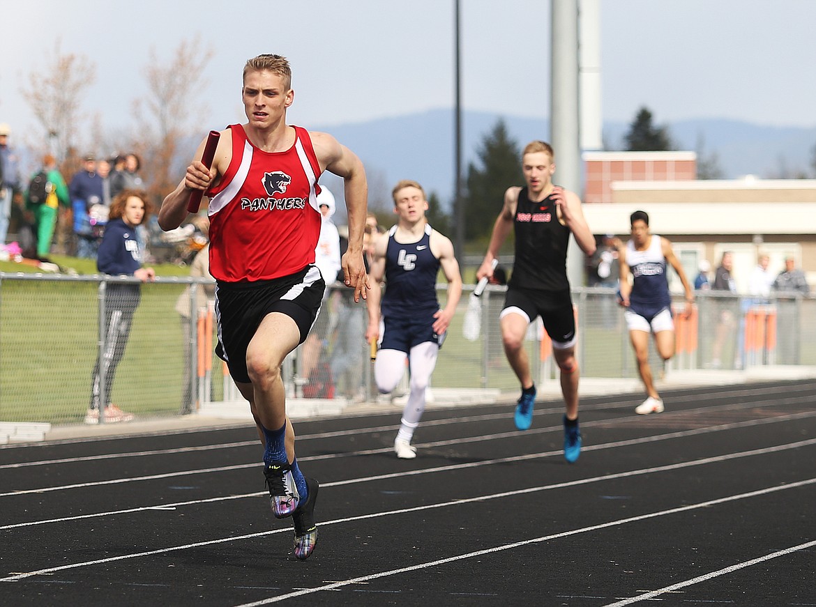 Coeur d&#146;Alene Charter&#146;s George Dundas approaches the finish line of the 4 x 100 meter relay in first place at Thursday&#146;s District 1 All-Star Meet at Post Falls High School. (LOREN BENOIT/Press)