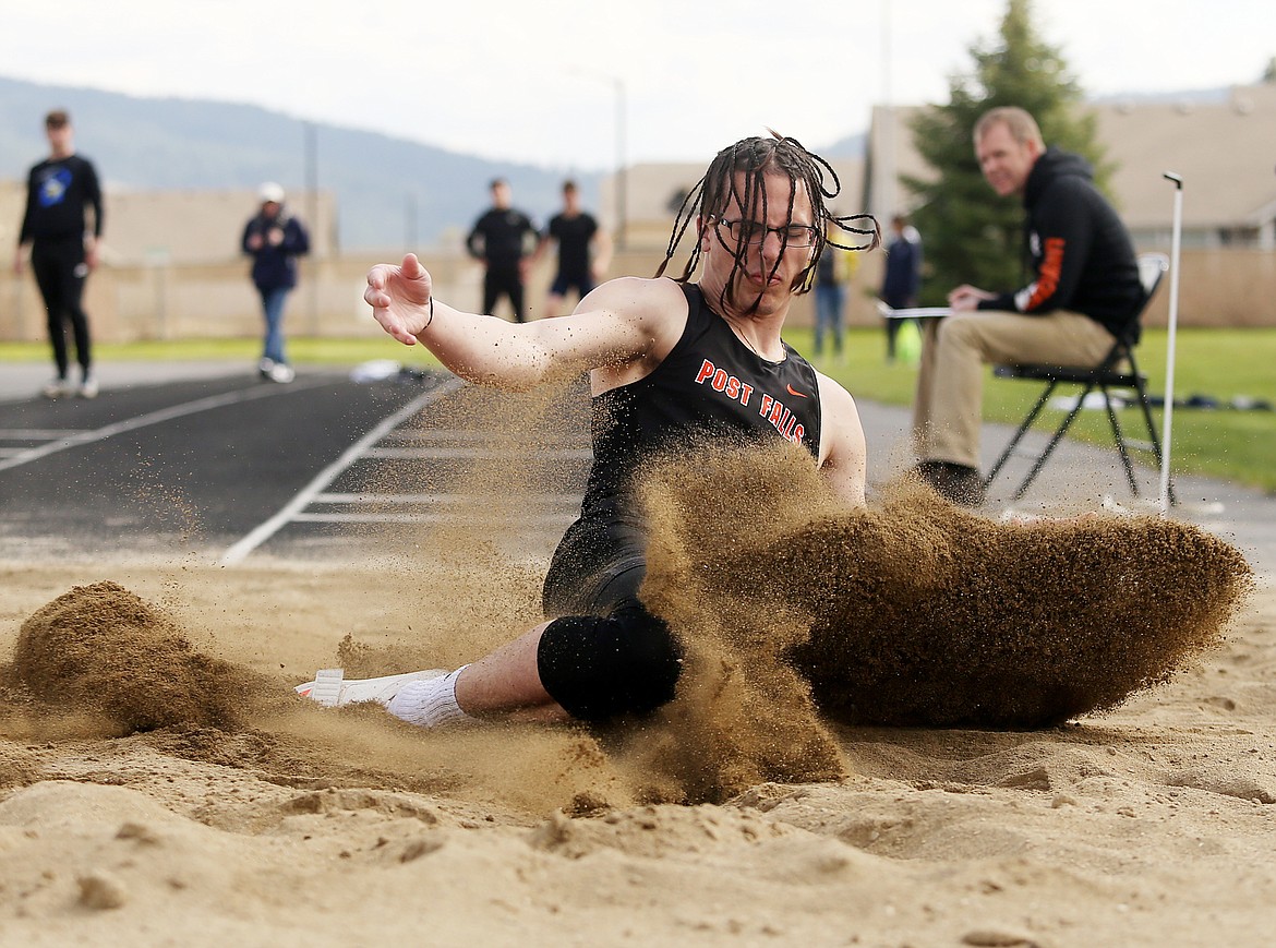 Tyler Trengove of Post Falls High competes in the long jump at the District 1 All-Star Meet at Post Falls High School. (LOREN BENOIT/Press)