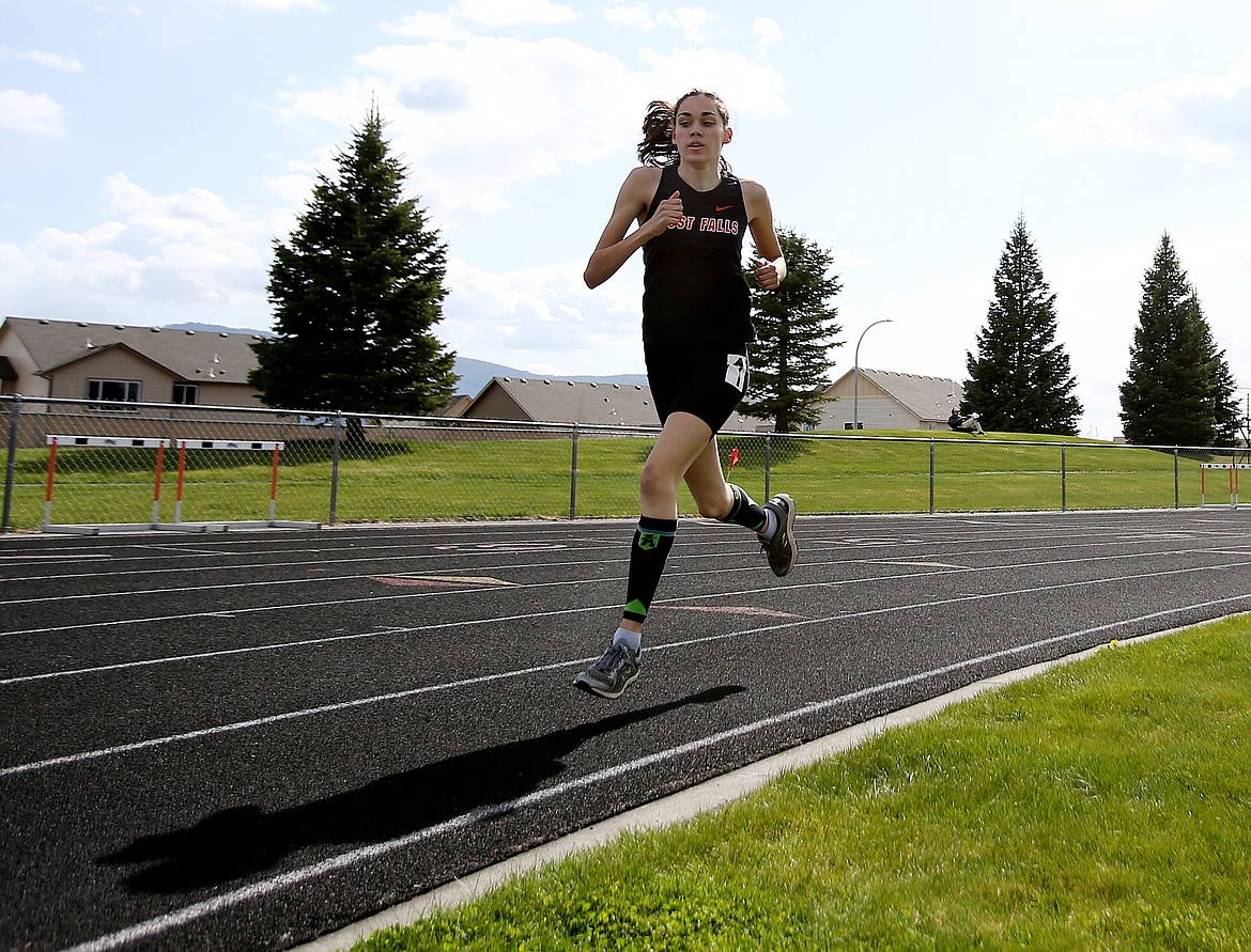 Sydney Shanahan of Post Falls competes in the 3200 meter run at the District 1 All-Star Meet Thursday at Post Falls High School. (LOREN BENOIT/press)