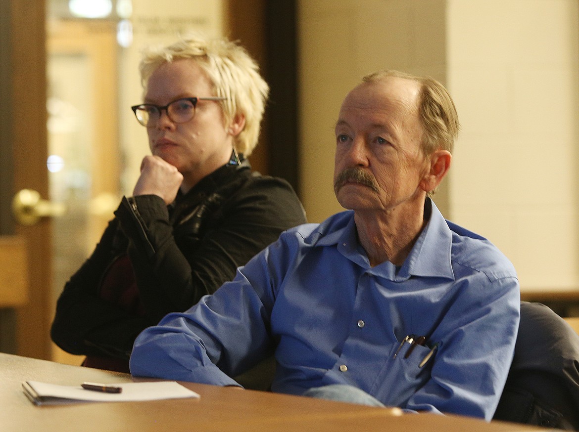 Sophia Aldous, left, editor for the Gem State Miner, and Don Gronning, news editor of The Miner newspaper, learn about Transparent Idaho's new website Wednesday at Coeur d'Alene City Hall. (LOREN BENOIT/press)