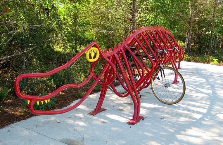 A bike rack shaped like an alligator is functional art in Lee County, Florida. (Photo courtesy of Dero Bike Racks)