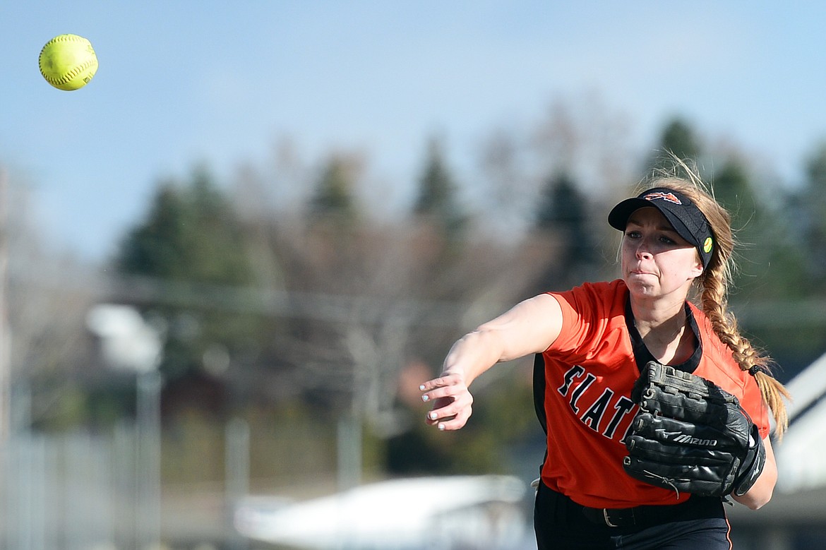 Flathead second baseman Kayla Kallis fires to first base for the out after fielding a grounder in the third inning against Polson at Kidsports Complex on Thursday. (Casey Kreider/Daily Inter Lake)