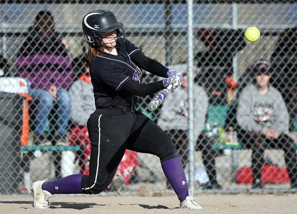 Polson's Kallie Finkbeiner connects on a two-run home run to right-center field during the Lady Pirates' six-run second inning against Flathead at Kidsports Complex on Thursday. (Casey Kreider/Daily Inter Lake)