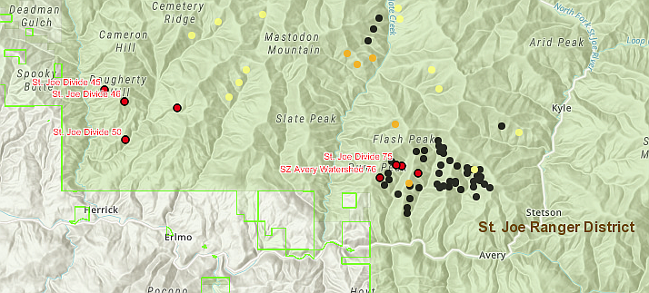 Map depicting St. Joe Divide and Avery Watershed prescribed burn areas in the St. Joe region of Shoshone County.