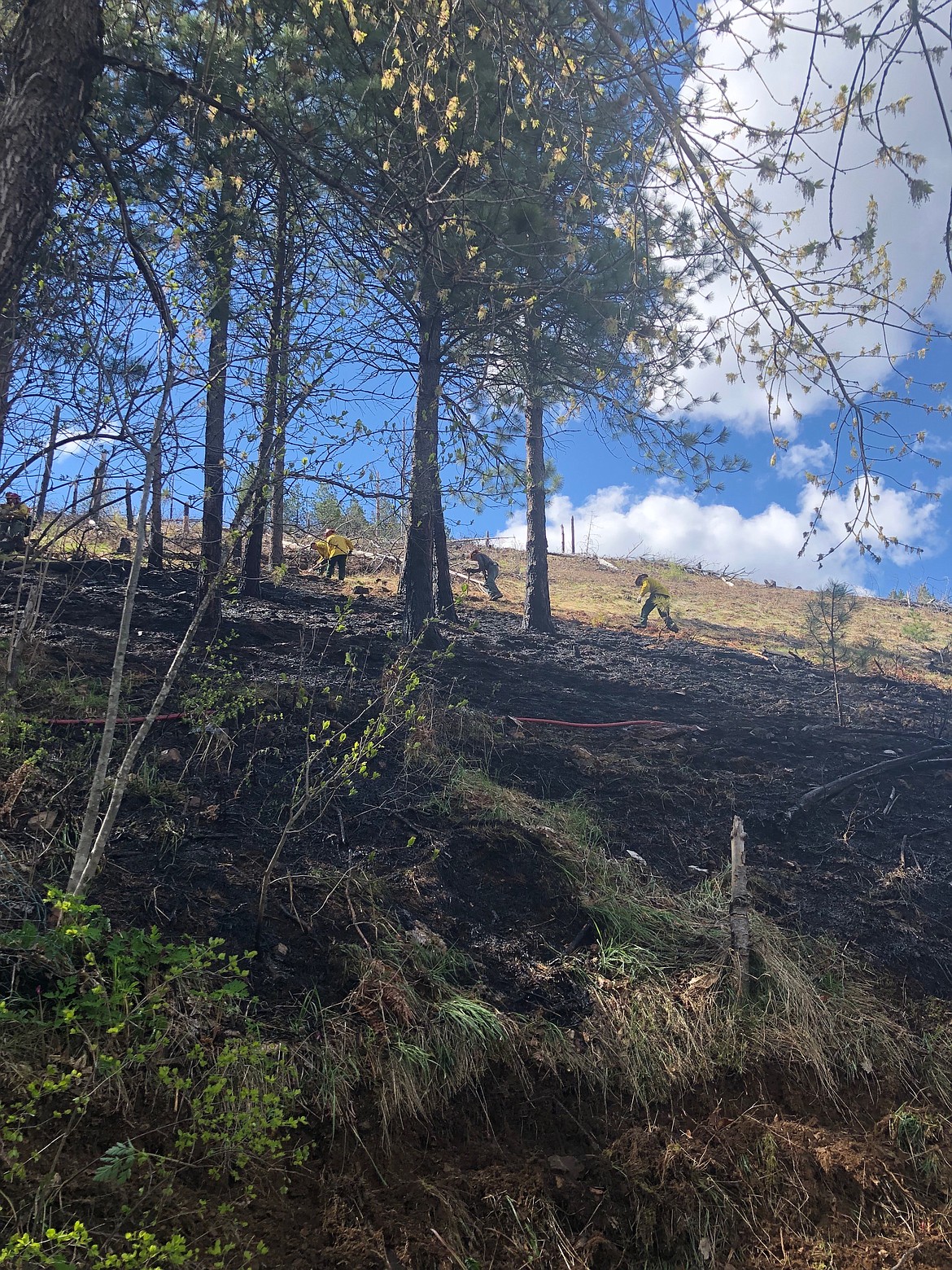 Photo by Josh McDonald/ Crews from the Idaho Department of Lands as well as Shoshone County Fire District 2 work on putting the fire out and establishing a fireline.