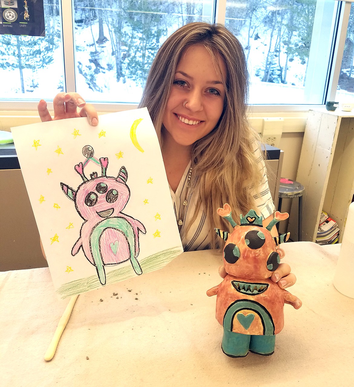 Courtesy photos
Kellogg High School senior art student Anika Sundstrom shows off her ceramic monster sculpture as well as the design for it. The design came from a local elementary student.