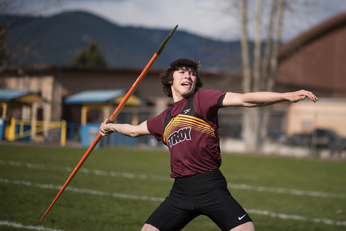 Trevor Hoagland takes aim with his javelin, Tuesday at the Lincoln County Track Meet in Libby. (Luke Hollister/The Western News)